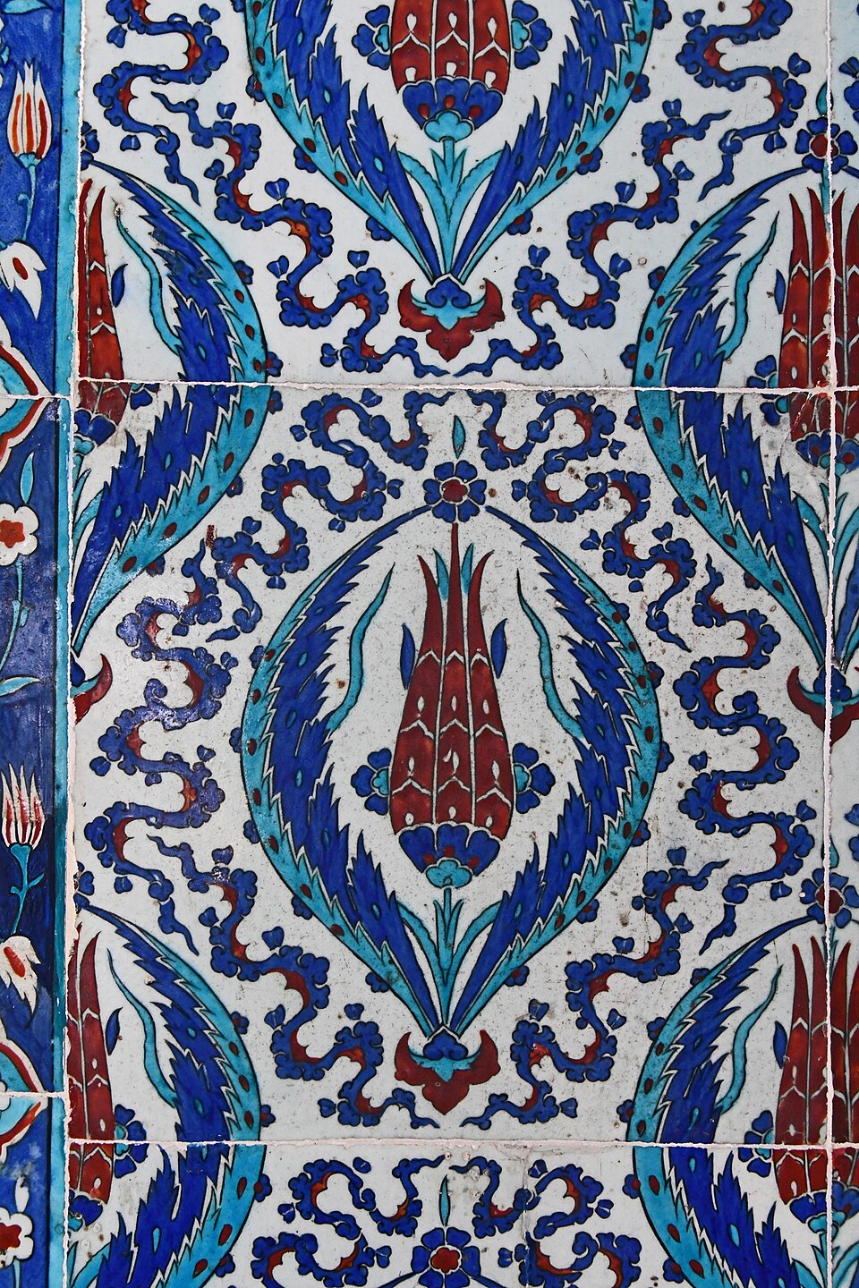 Decorative Iznik tile patterns inside Rüstem Pasha Mosque in Istanbul