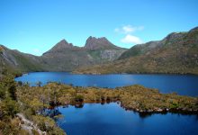 Cradle Mountain rising behind Dove Lake in Tasmania
