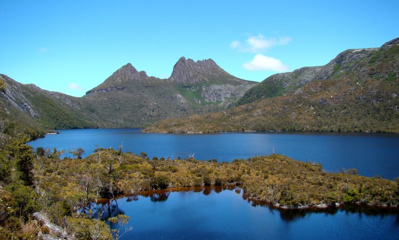 Cradle Mountain rising behind Dove Lake in Tasmania