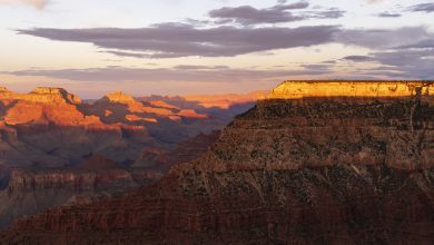 Grand Canyon South Rim layered cliffs at sunset
