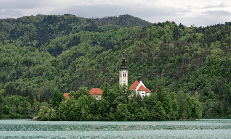 Bled Island and its church in Lake Bled, Slovenia