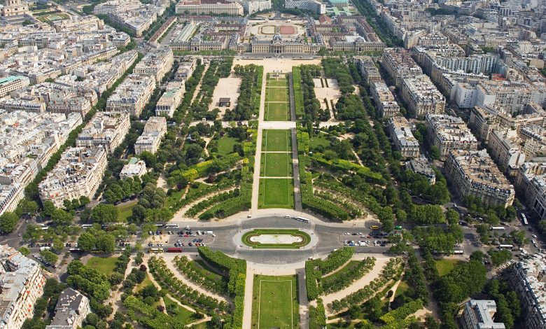 View over the Champ de Mars and Paris from the Eiffel Tower